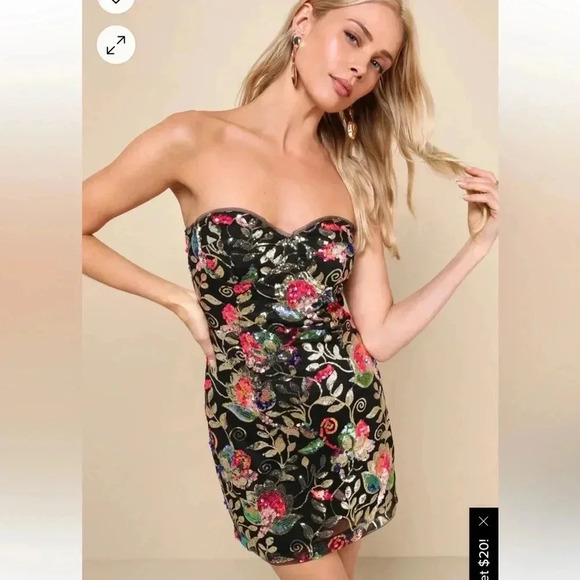 Lulu’s Thriving Blossom Black Mesh Sequin Bustier Strapless Mini Dress NWT - Picture 9 of 9